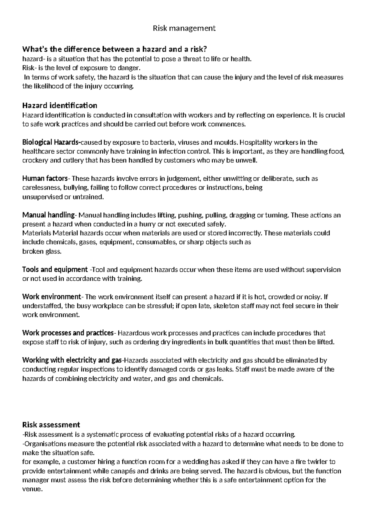 Risk Management: Hazards vs. Risks - Lecture Notes (BIO101) - Studocu