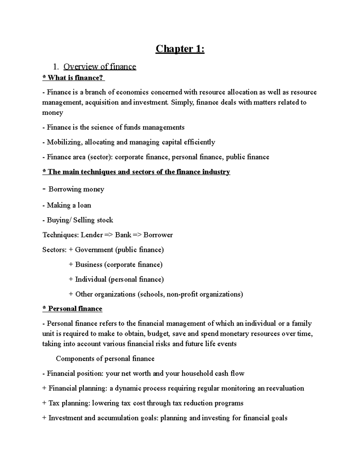 Chapter 1: Overview of Finance Concepts and Principles (FIN101) - Studocu