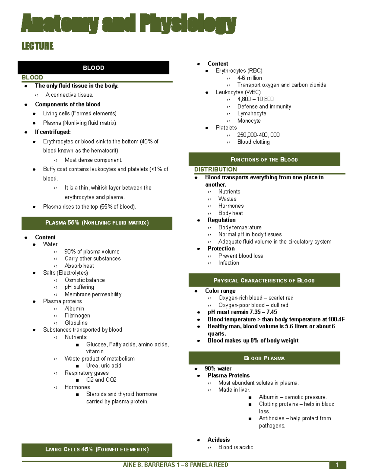 Anatomy & Physiology Blood LECTURE Notes - Overview of Components ...