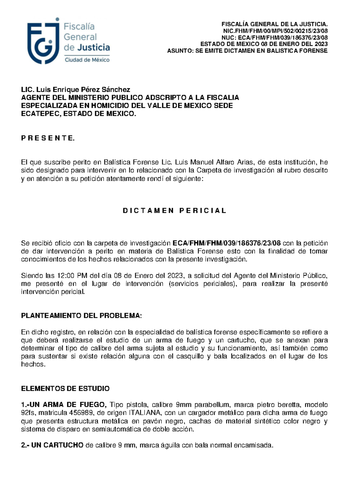 Dictamen Pericial en Balística Forense ECA/FHM/FHM/039/186376/23 - Document Preview