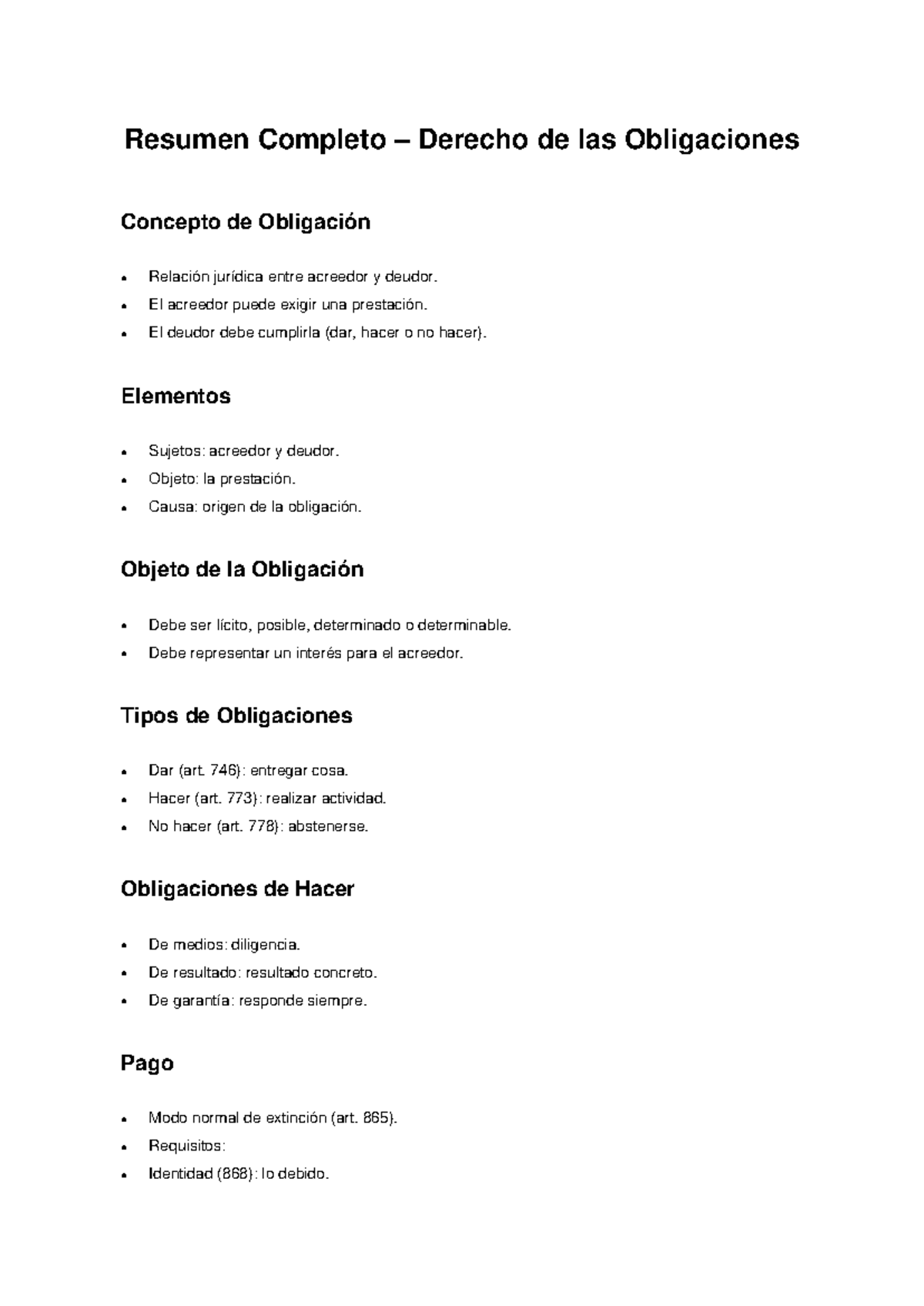 Resumen Completo de Obligaciones en Derecho - Conceptos Clave - Studocu