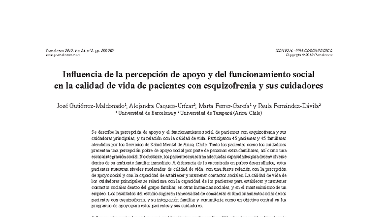 Influencia del Apoyo Social y Funcionamiento en la Calidad de Vida de ...