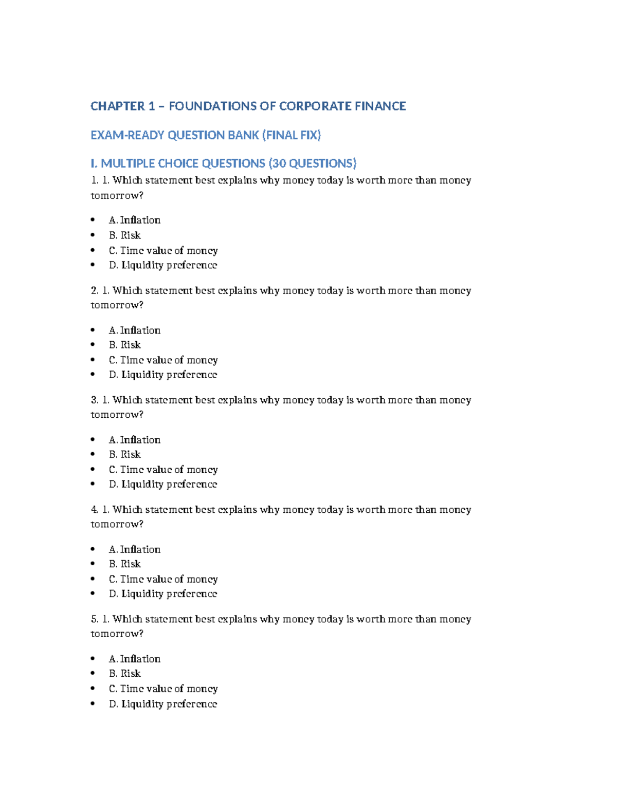 CHAPTER 1 FOUNDATIONS OF CORPORATE FINANCE MCQ BANK (FINAL) - Studocu