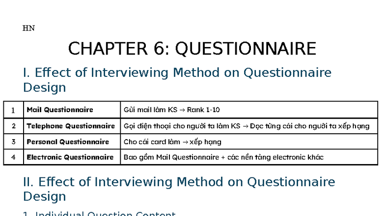 HN CHAPTER 6: QUESTIONNAIRE DESIGN AND INTERVIEWING METHODS - Studocu
