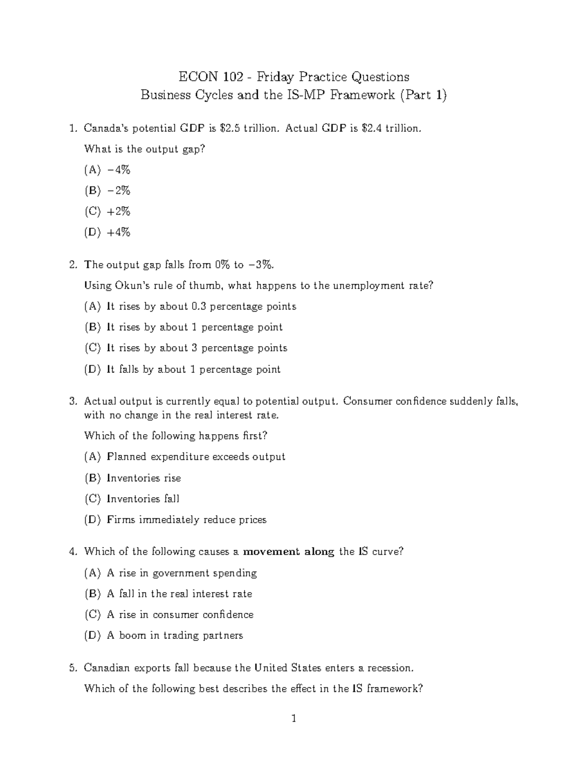 ECON 102 - Friday Practice Questions on IS-MP Framework - Studocu