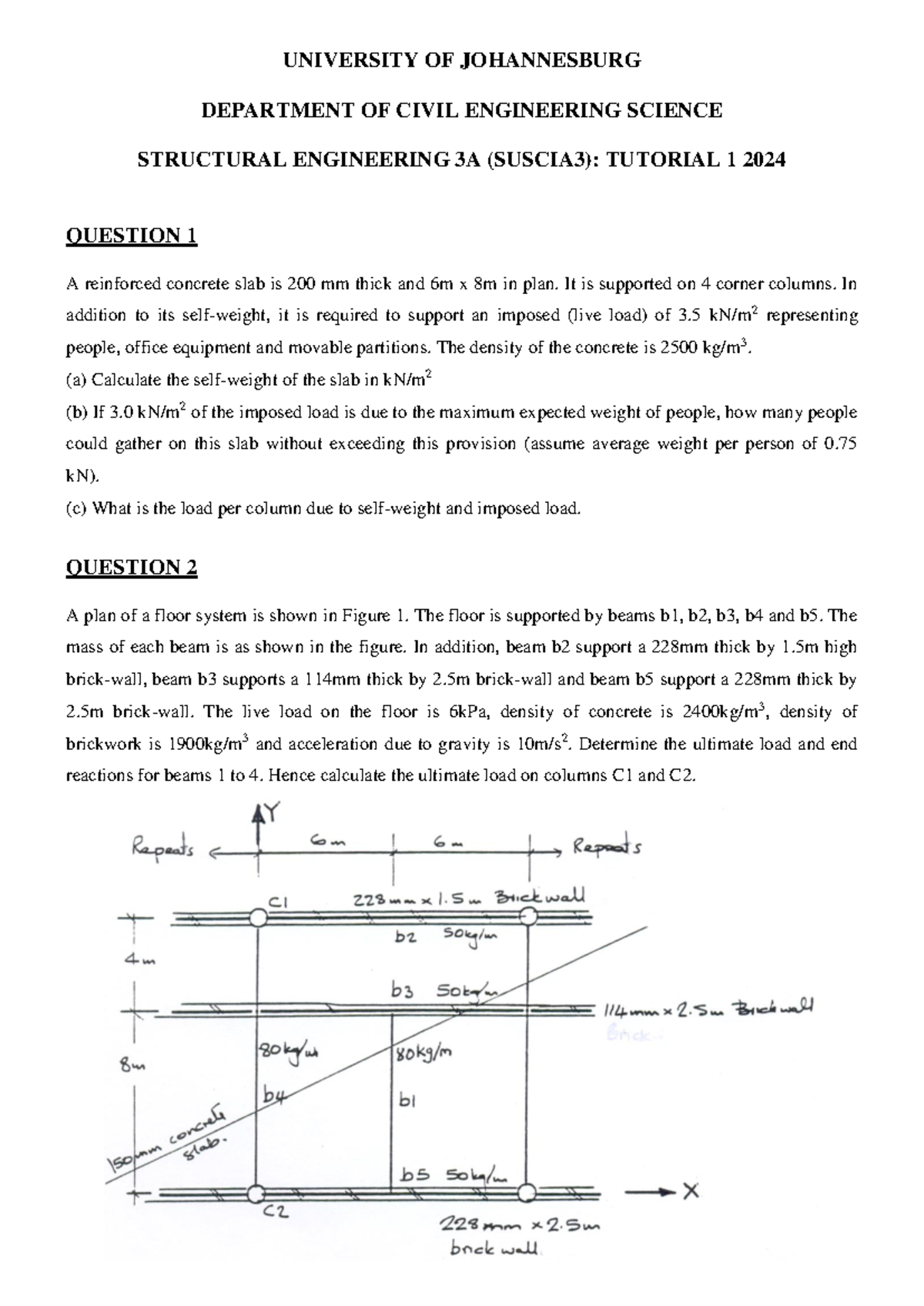 UJ Civil Eng. Sci. Struct. Eng. 3A (SUSCIA3): Tutorial 1 2024 - Studocu