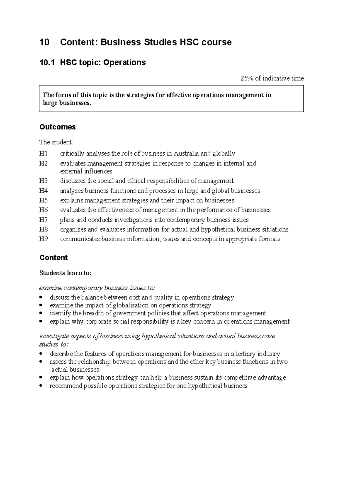 Business Studies HSC Syllabus: Operations, Finance & HR Management ...