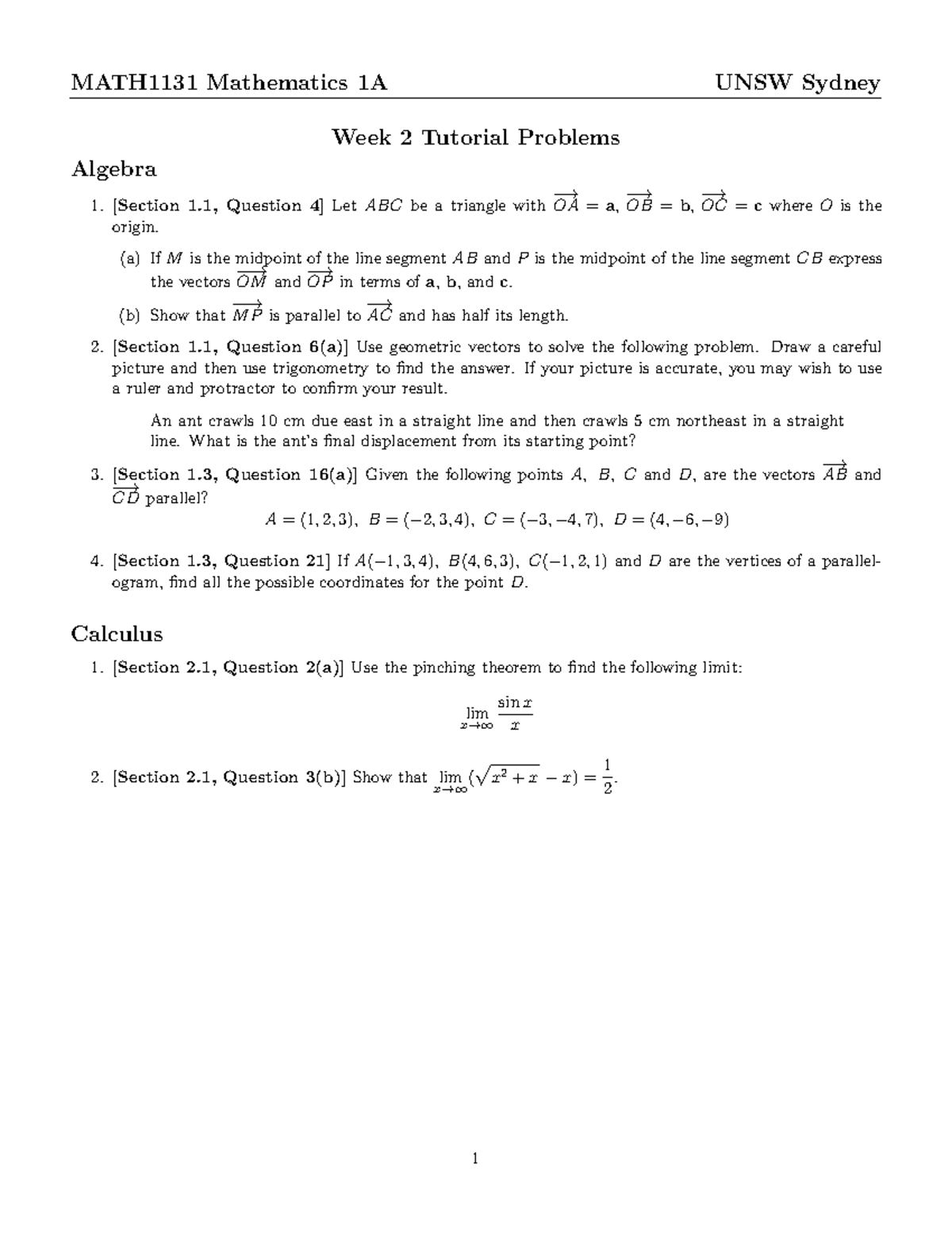 MATH1131 Week 2 Tutorial Problems: Algebra & Vectors Solutions - Studocu