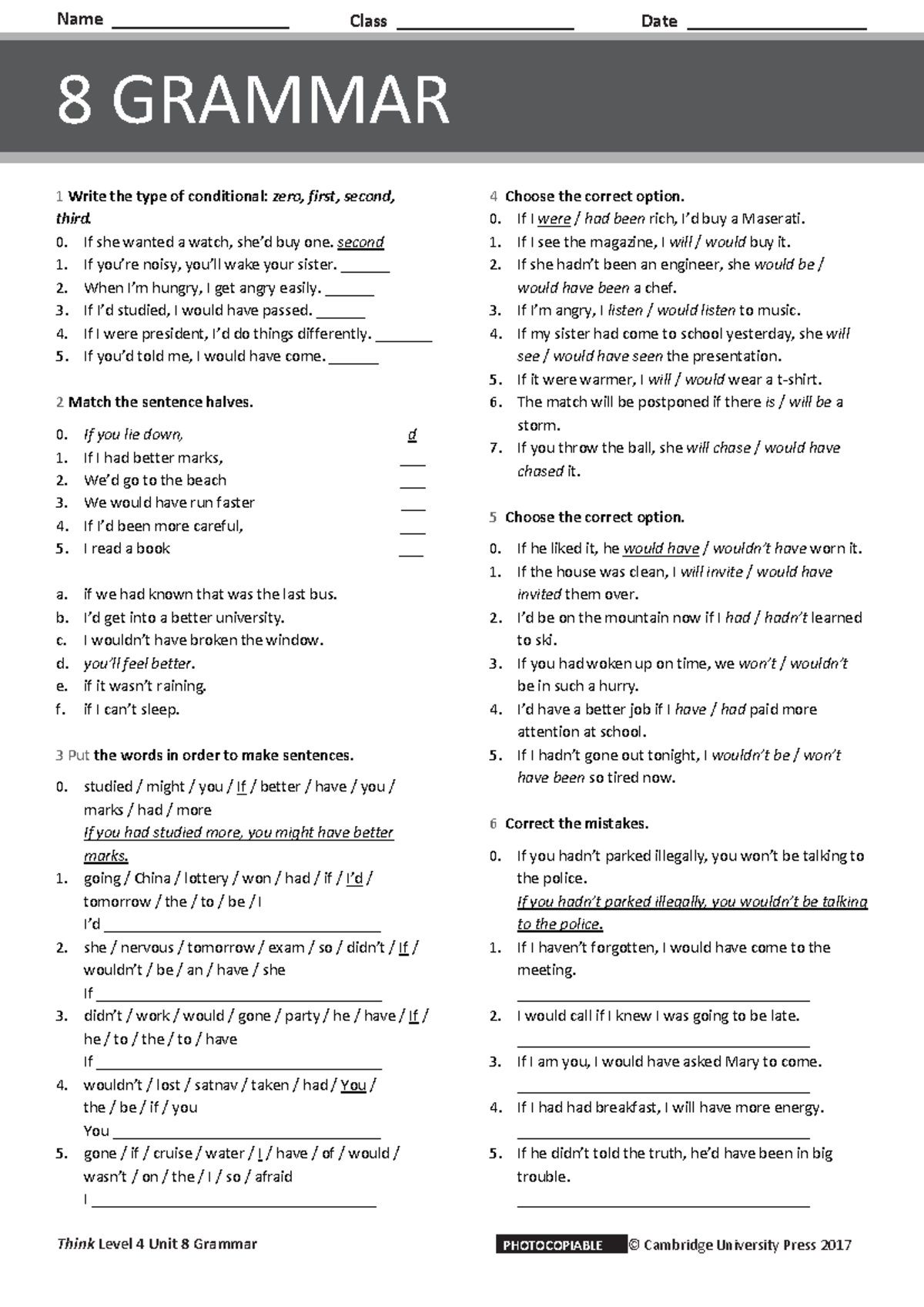 Think Level 4 Unit 8 Conditional Grammar Exercises & Answers - Studeersnel