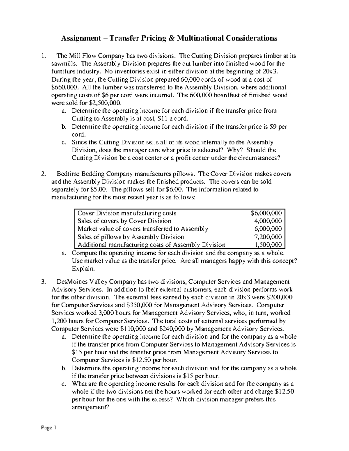 Activity 10 - Advanced Management Accounting: Transfer Pricing Analysis ...