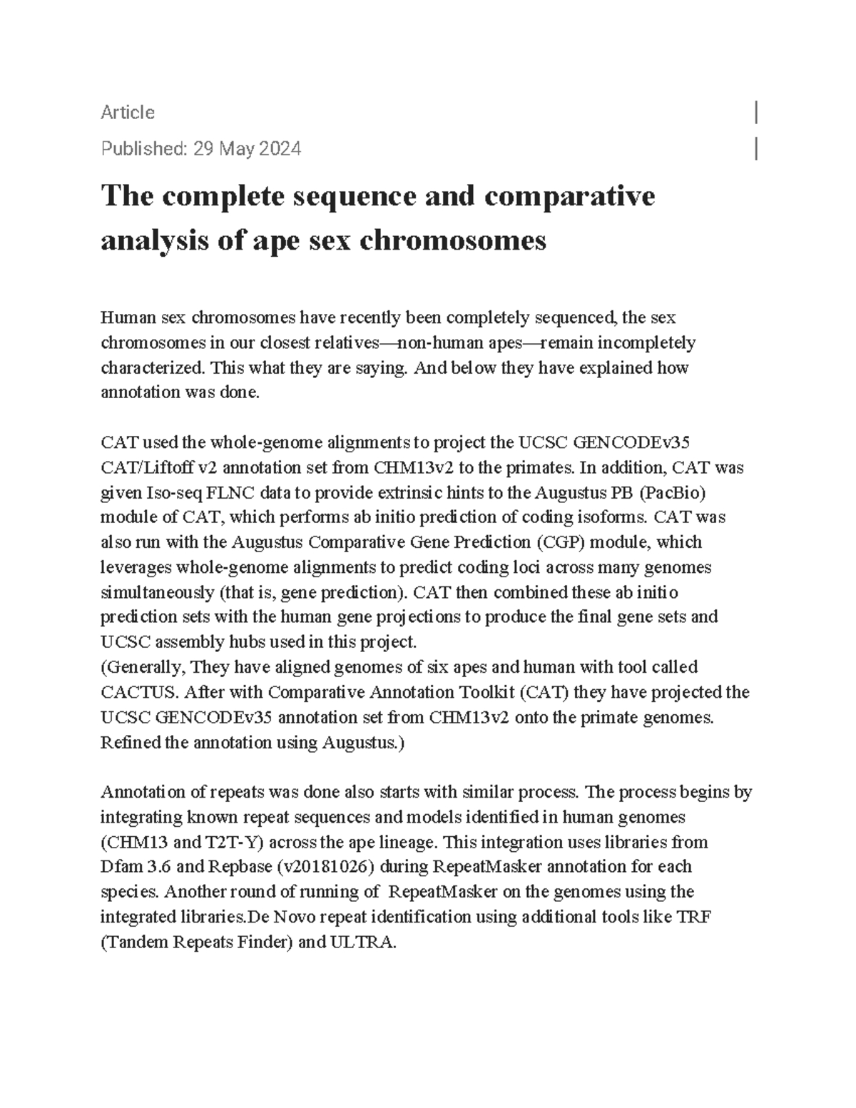 Comparative Analysis of Ape and Human Sex Chromosomes: Lecture Notes ...