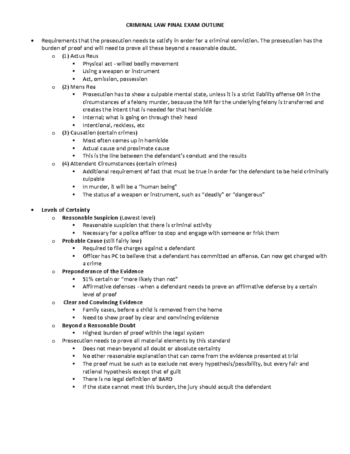 CRIMINAL LAW FINAL EXAM OUTLINE: Key Prosecution Requirements - Studocu