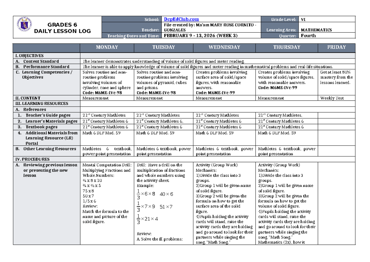 DTC DLL Mathematics 6 Q4 W3: Daily Lesson Log on Volume - Studocu
