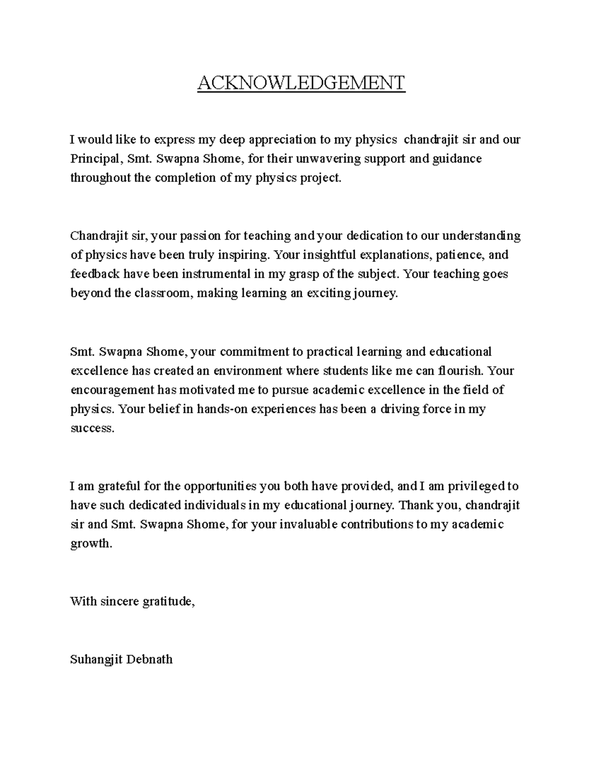 Acknowledgement of Support in Physics Project - Studocu