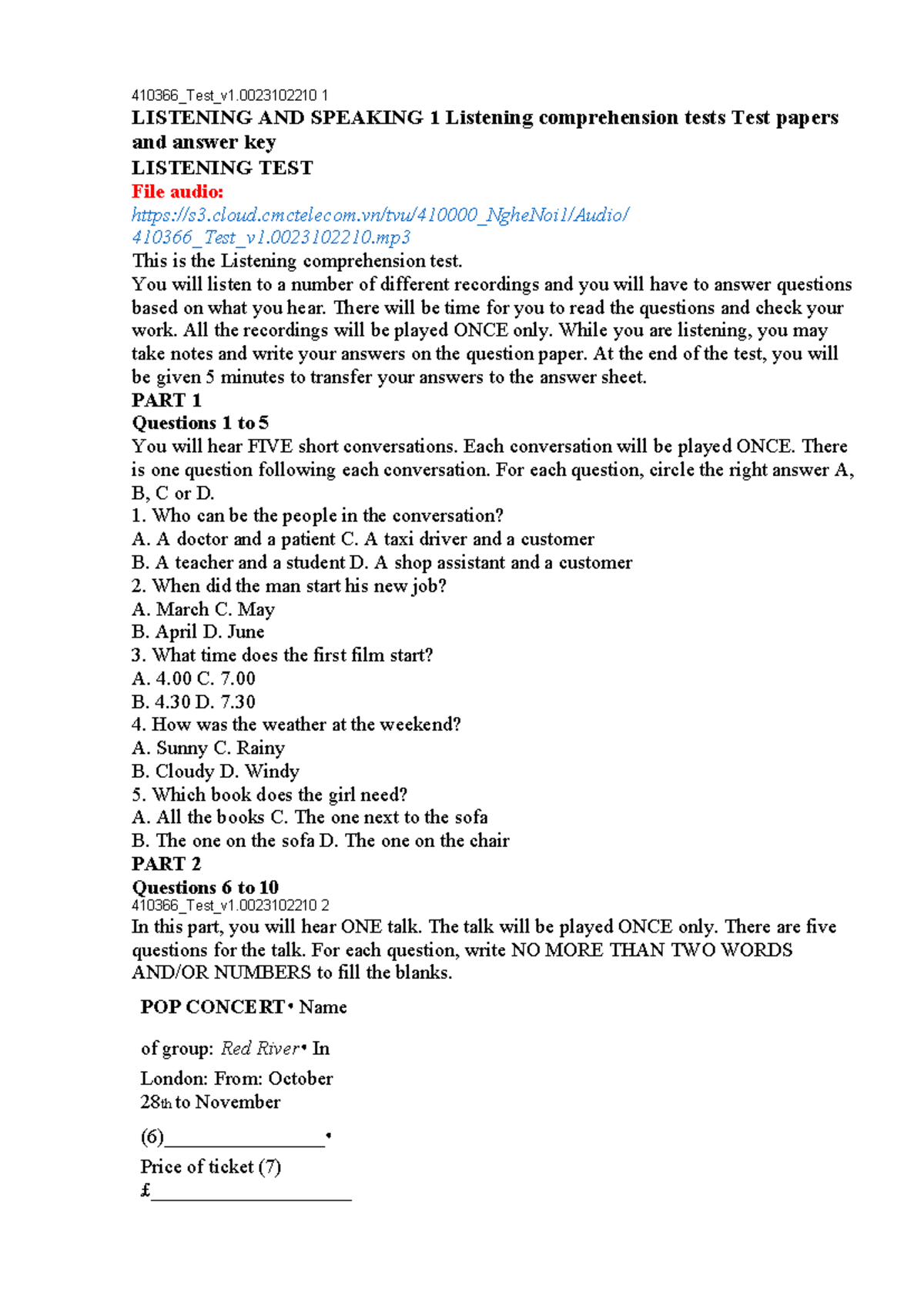 Listening Comprehension Test 410366 - Answer Key Included - Studocu