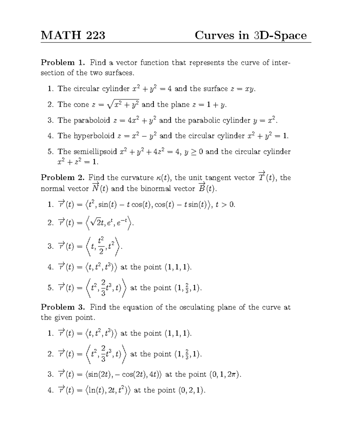 MATH 223 Final Exam: Curves and Vector Functions in 3D Space - Studocu