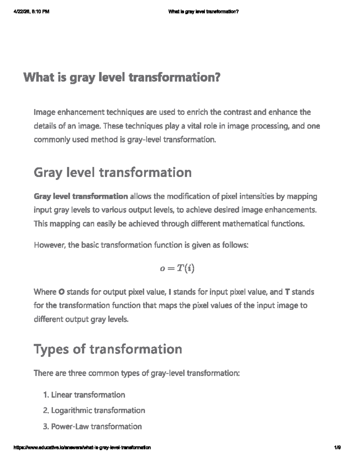 Gray Level Transformation Techniques in Image Processing - Studocu