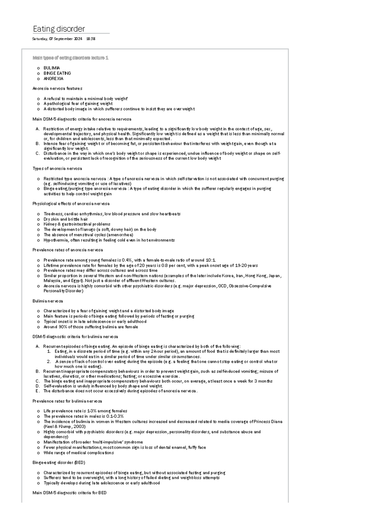 Eating Disorders: Lecture Notes on Anorexia, Bulimia, and BED - Studocu