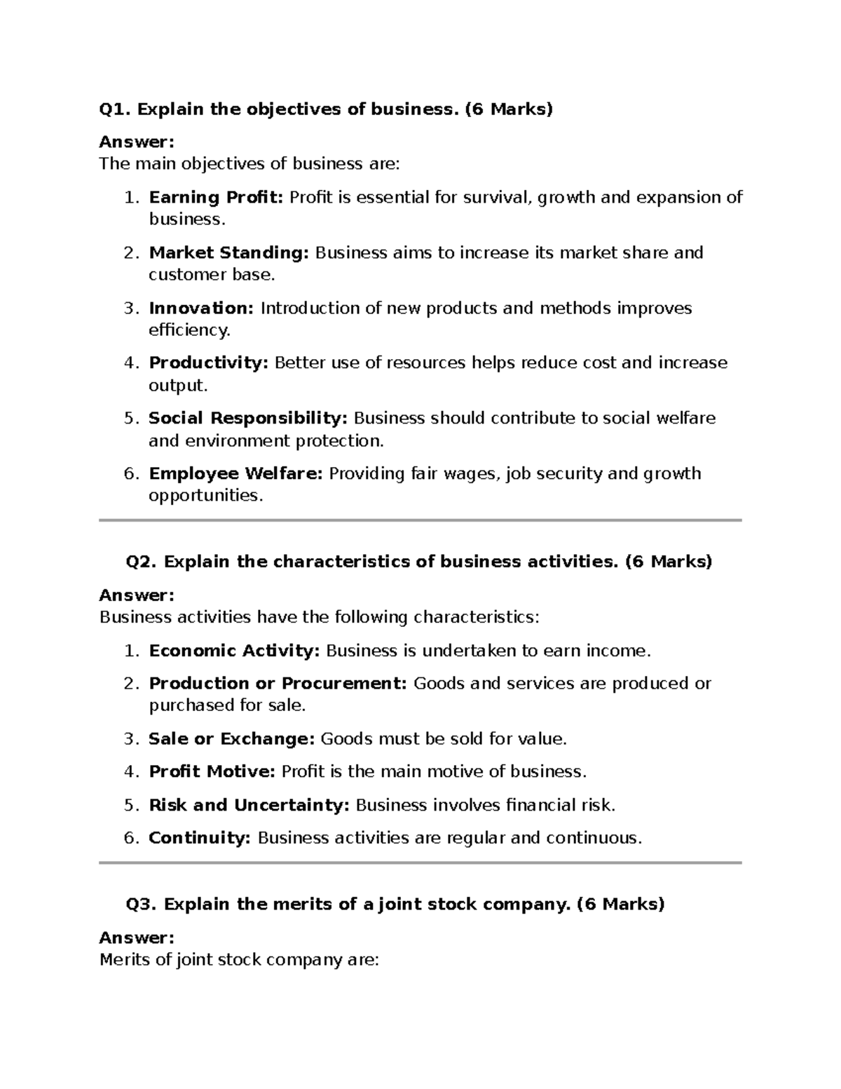 Business Studies Q1-Q10: 6 Mark Questions & Answers - Studocu