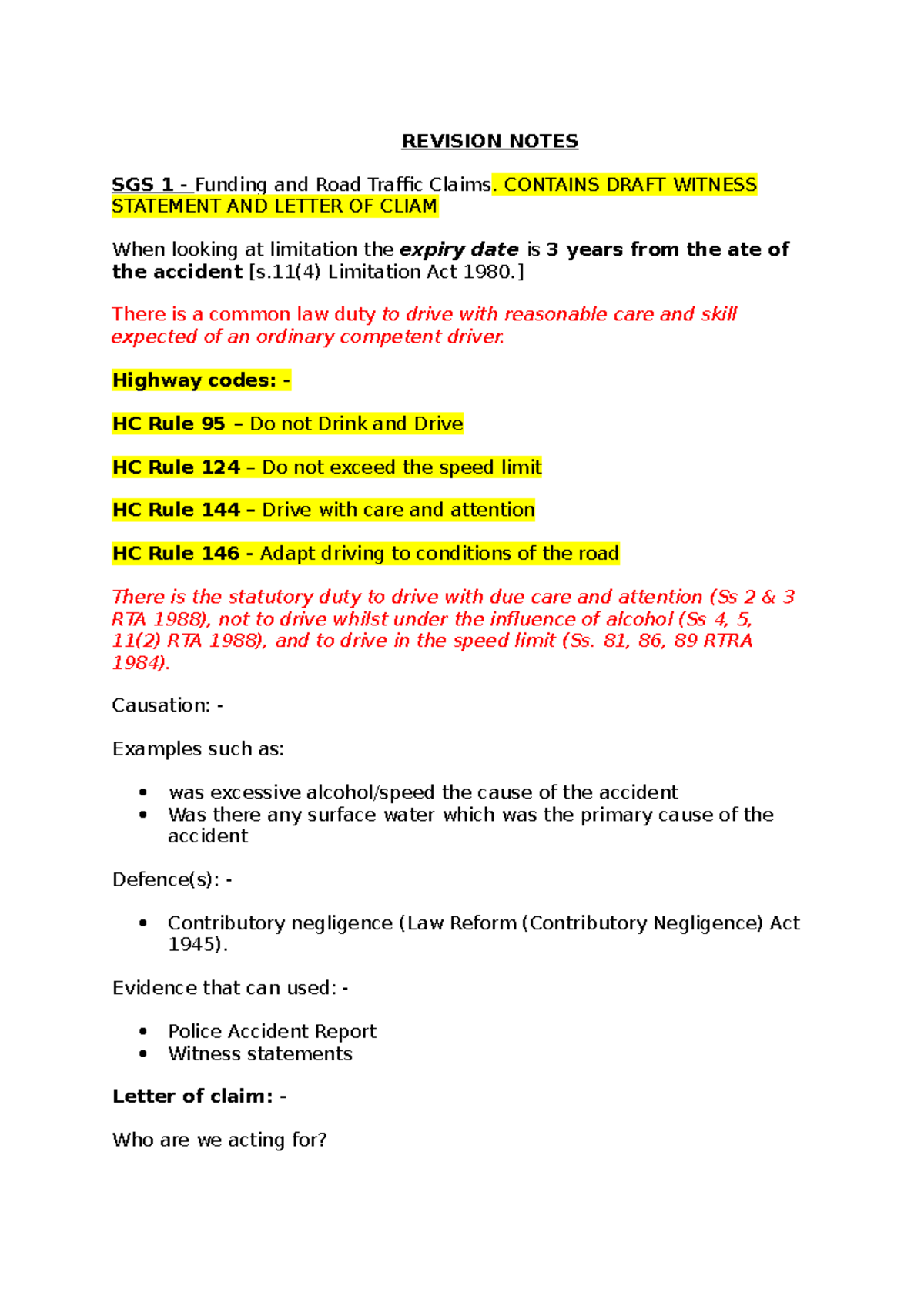 SGS 1-10 Revision Notes on Funding and Road Traffic Claims - Studocu