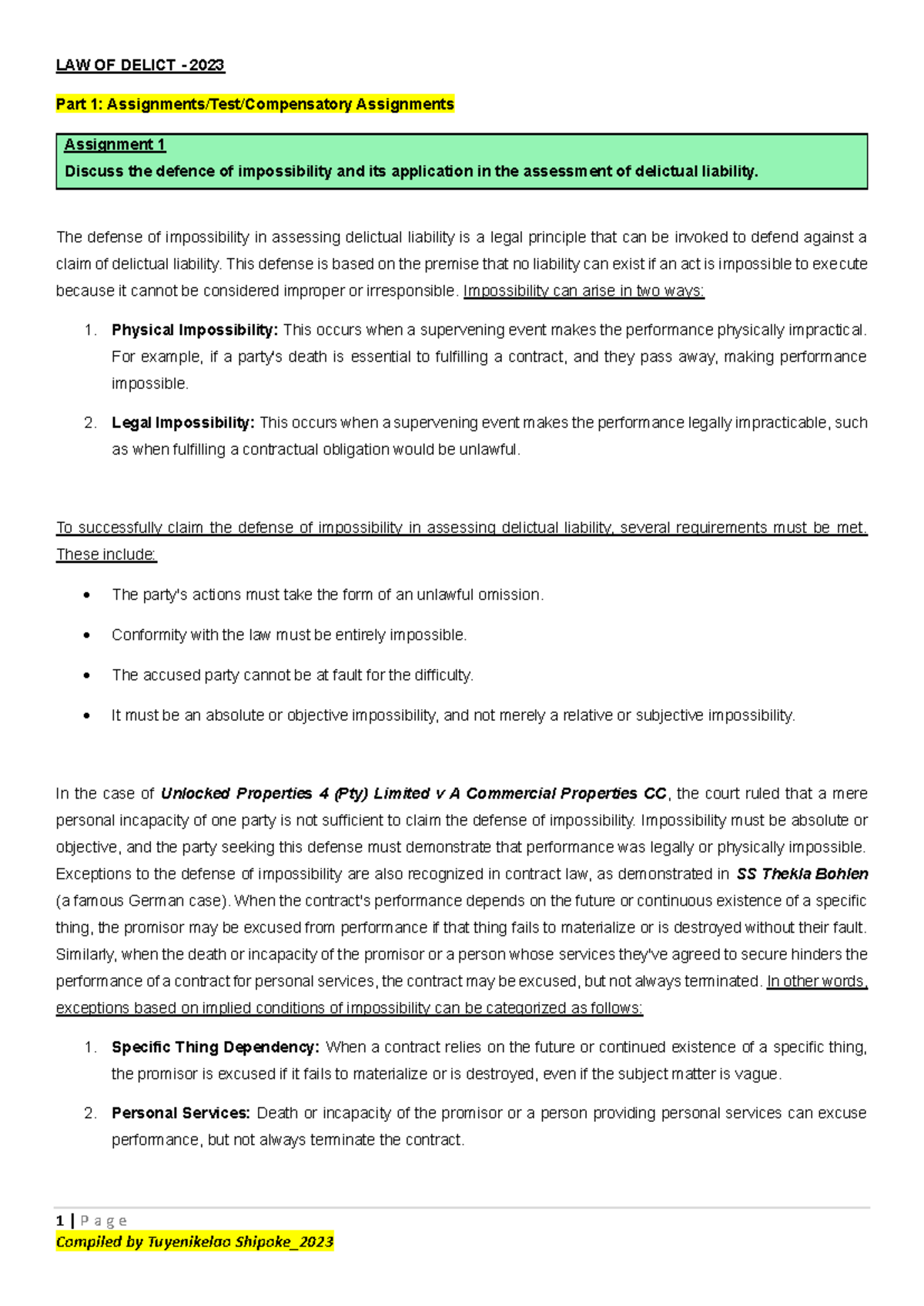 Law of Delict TS 2023 - Final Exam Notes on Key Legal Principles - Studocu