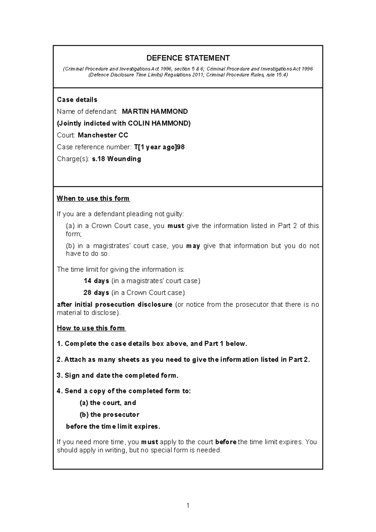 BTC Crime W6 Defence Statement - Martin - DEFENCE STATEMENT (Criminal ...