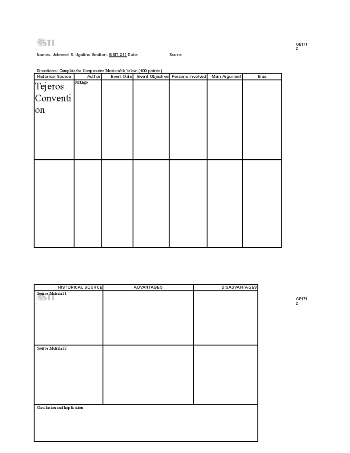 GE171 2 Comparative Matrix Worksheet for Historical Analysis - Studocu