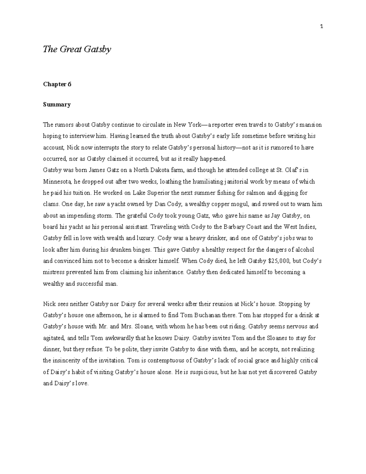 The Great Gatsby (ENG 101): Summary & Analysis of Chapters 6-7 - Studocu