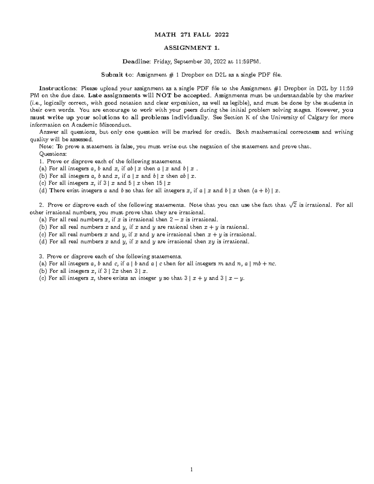 Assignment 1 - first assingment for math 271 - MATH 271 FALL 2022 ...