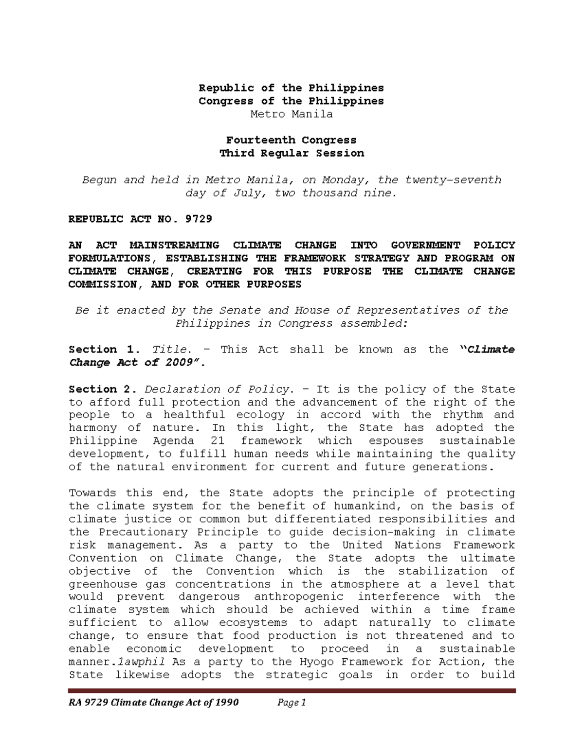 RA 9729: Mainstreaming Climate Change in Philippine Policy (2009) - Studocu