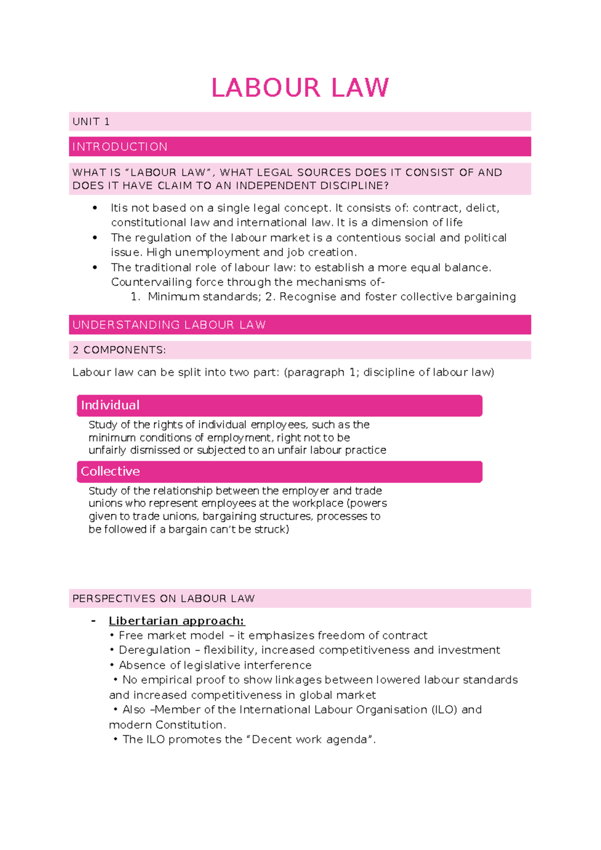 Labour Law - Class noted from week 1 and 2. - LABOUR LAW UNIT 1 ...