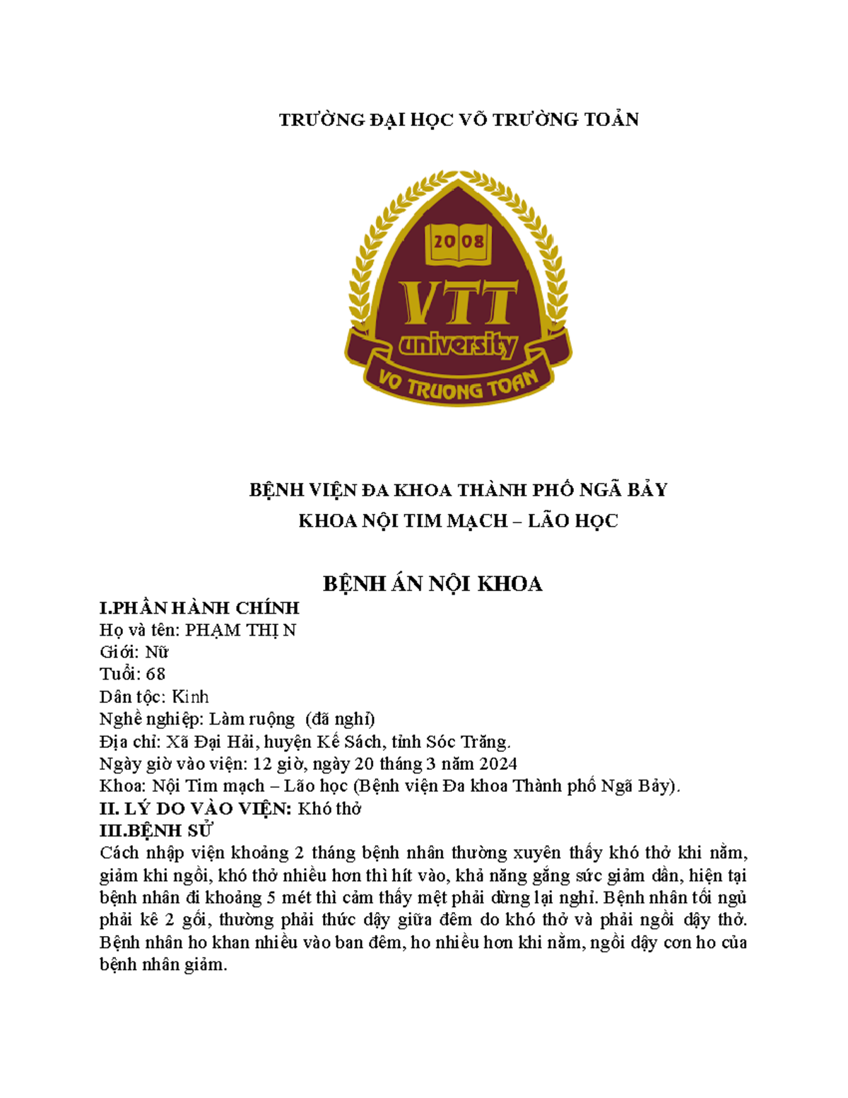 Bệnh Án Nội Khoa: Suy Tim Mạn - BA SUY TIM - VTHT - Studocu