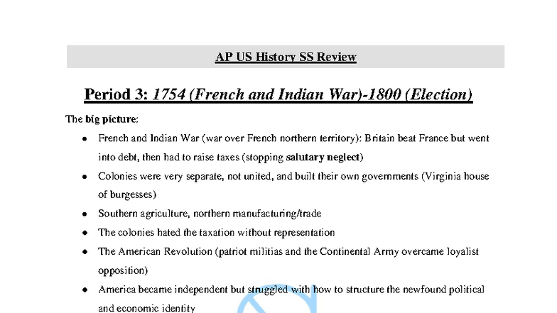 AP US History SS Review: Period 3 (1754-1783) Study Guide - Studocu