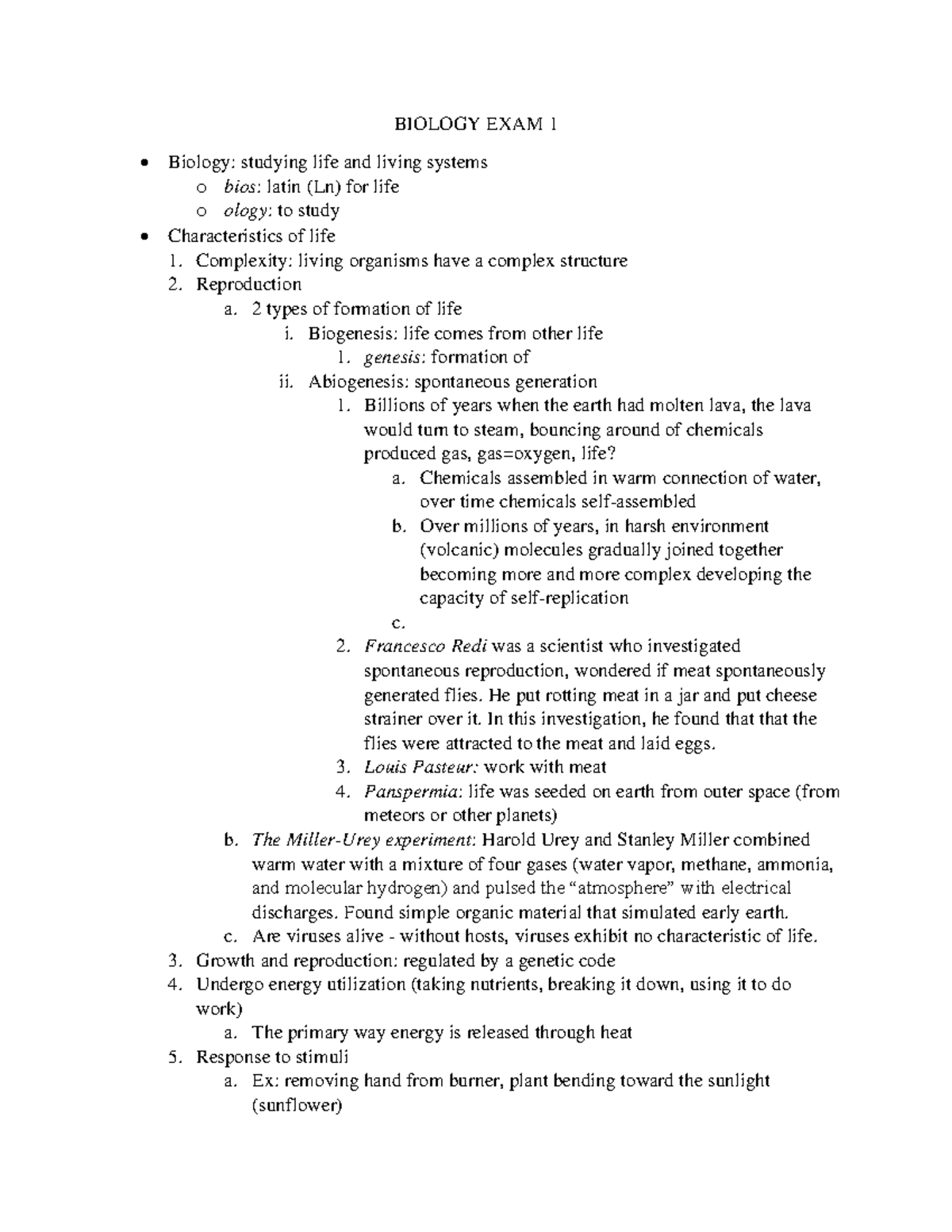 Biology 101: Study Notes for Exam 1 - Key Concepts and Topics - Studocu