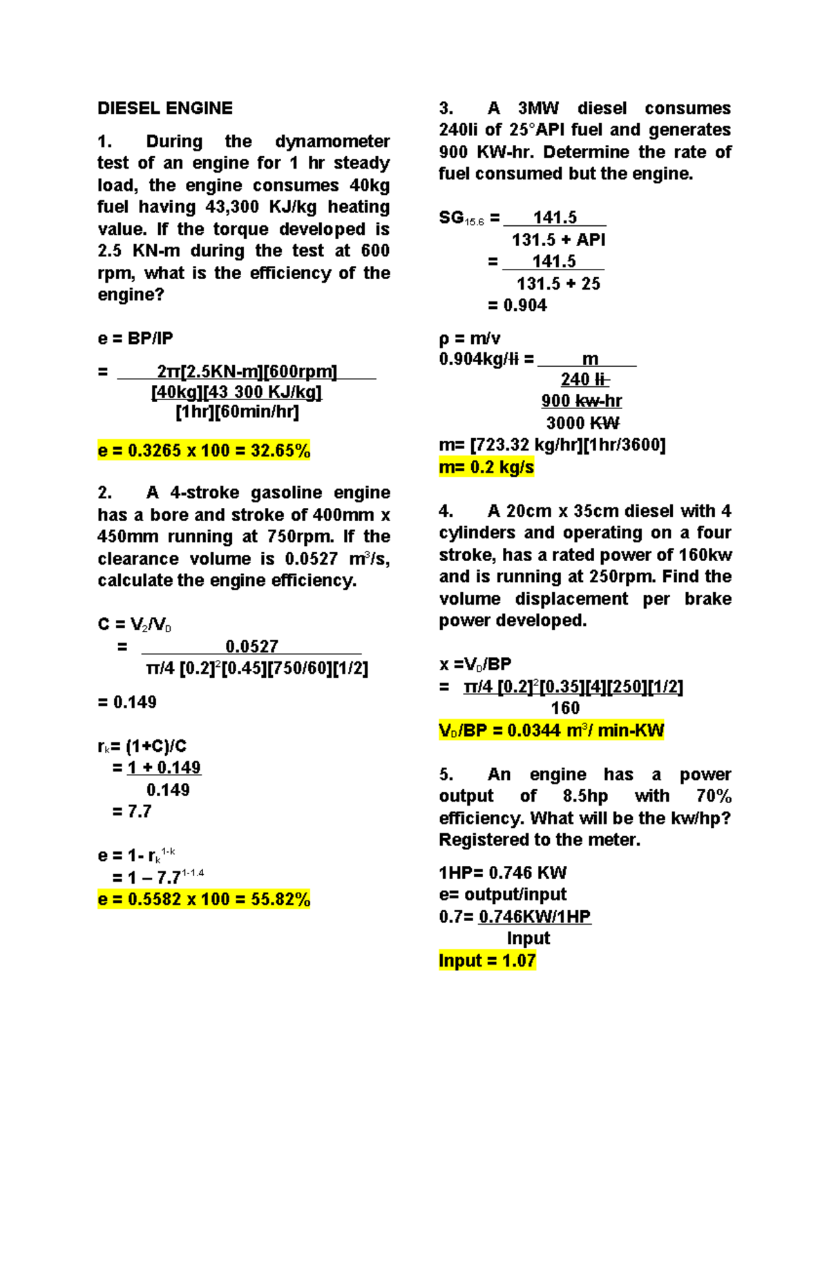 DIESEL ENGINE Efficiency Calculations and Performance Analysis - Studocu