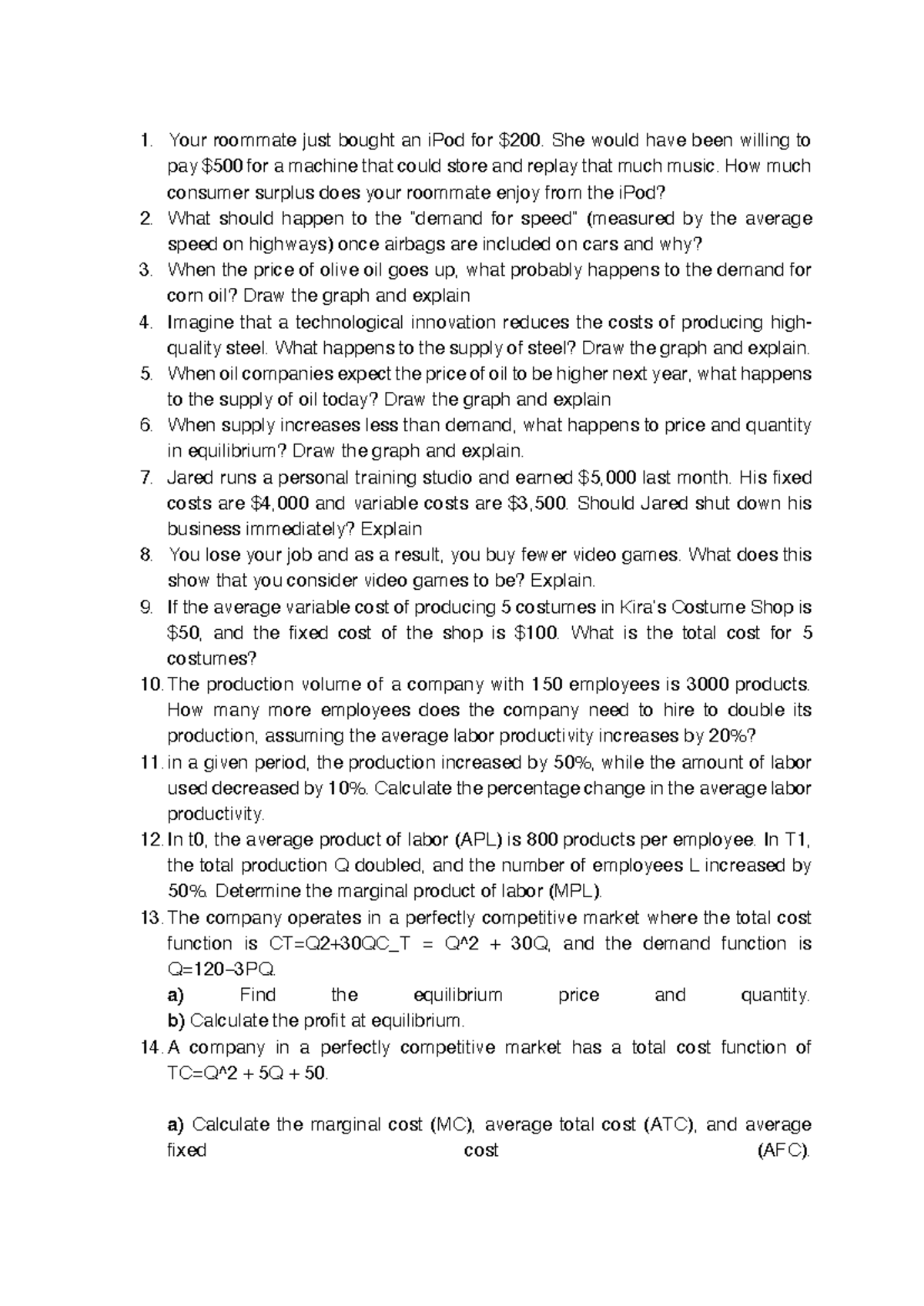ECO 101 - Homework Exercises on Consumer Surplus & Demand Analysis ...