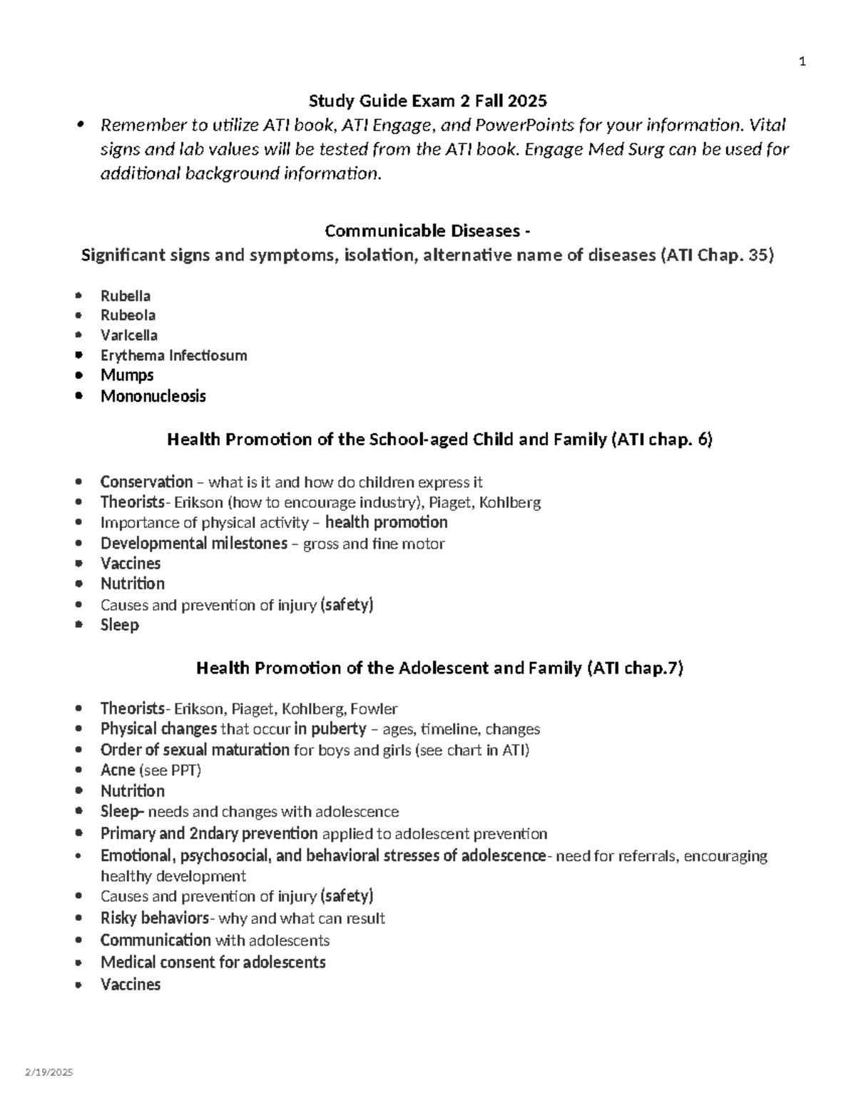 Study Guide for Exam 2 (Nursing 101) - Fall 2025 - Studocu