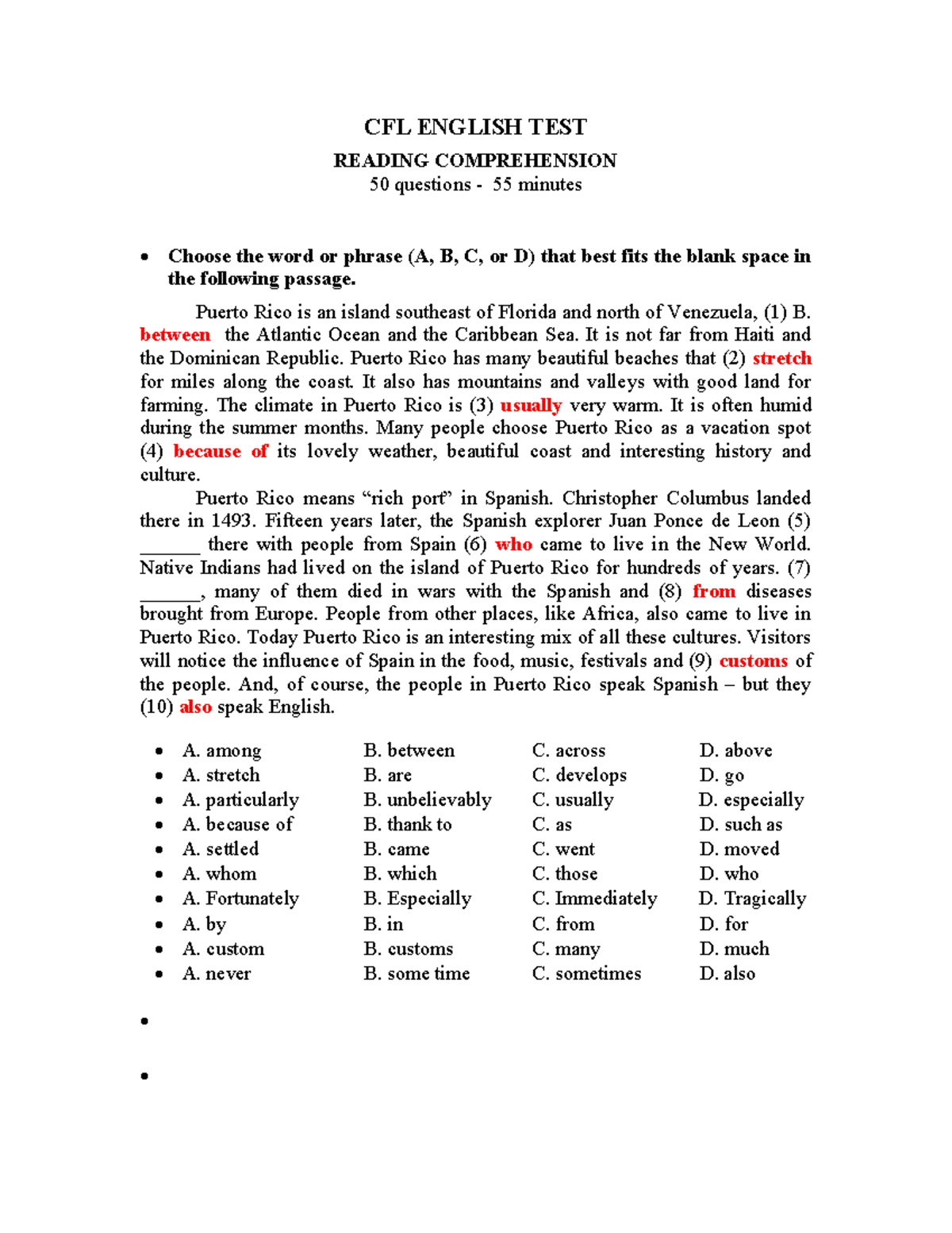 CFL ENGLISH TEST READING COMPREHENSION PRACTICE QUESTIONS - Studocu