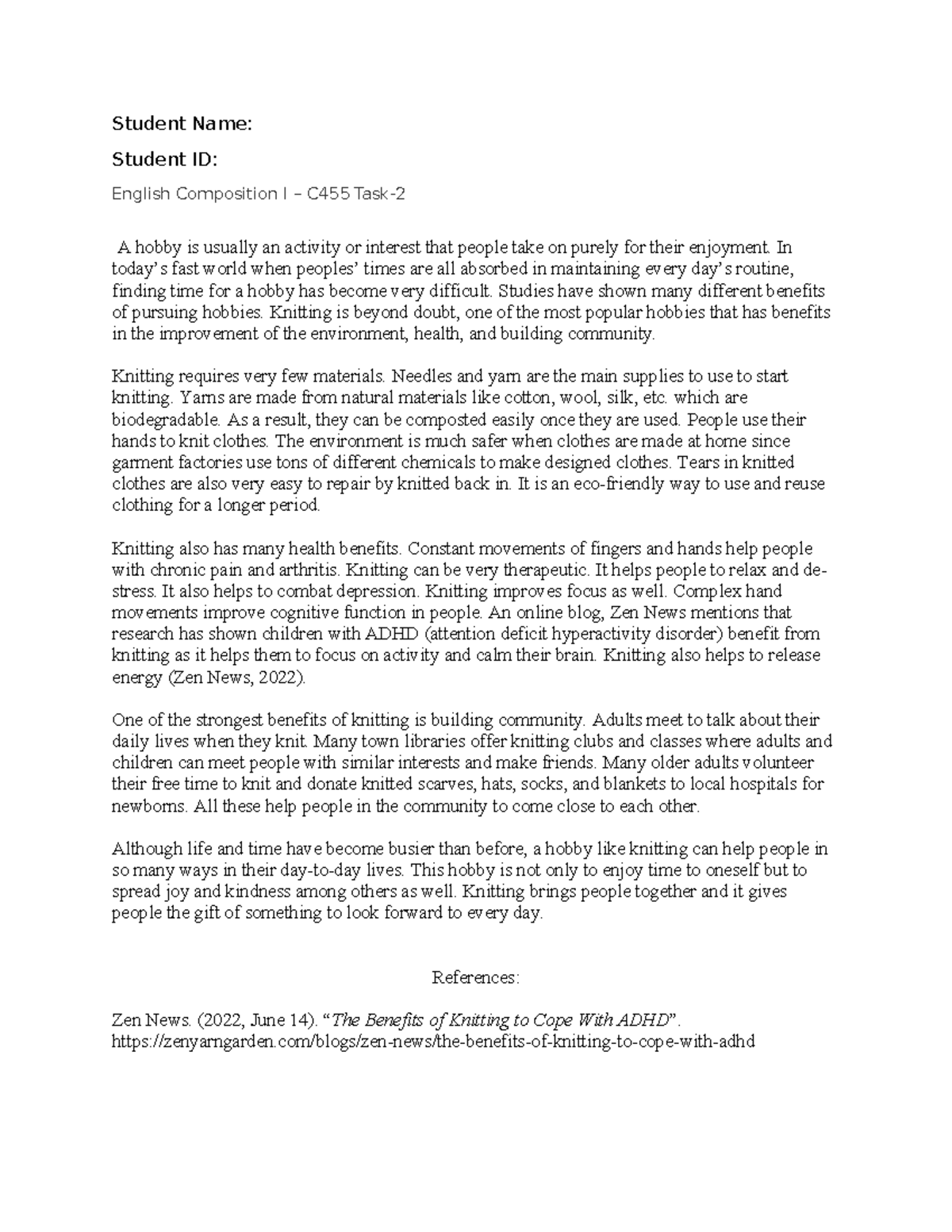 WGU C455 English Comp I – Benefits of Knitting as a Hobby - Studocu