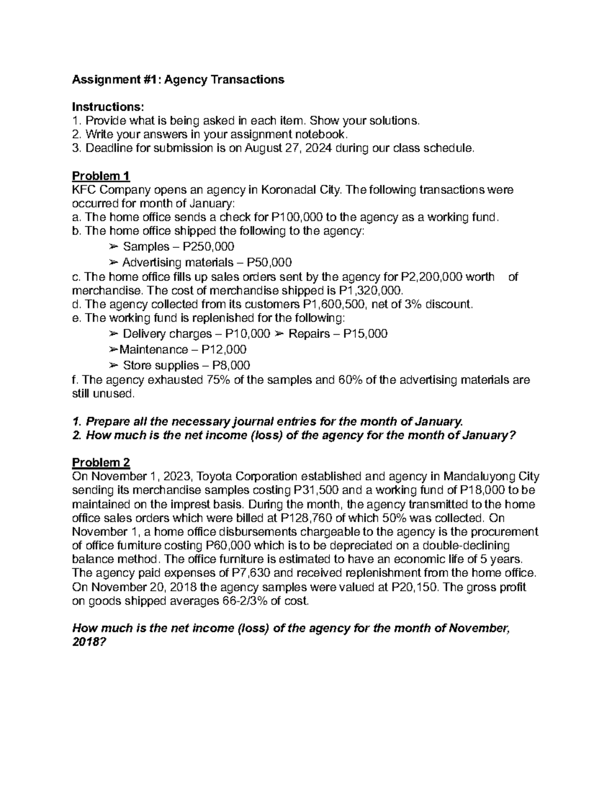 Assignment #1: Agency Transactions Instructions and Journal Entries ...