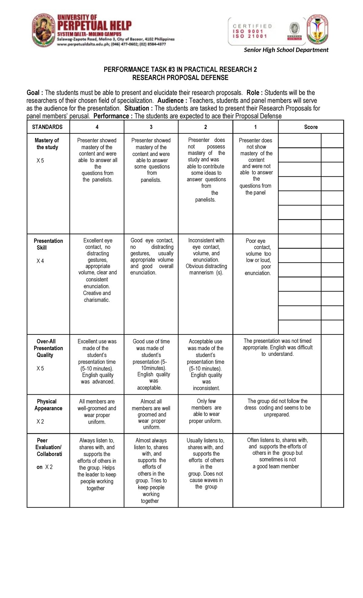 PT3 Research Proposal Defense Rubric for Practical Research 2 - Studocu