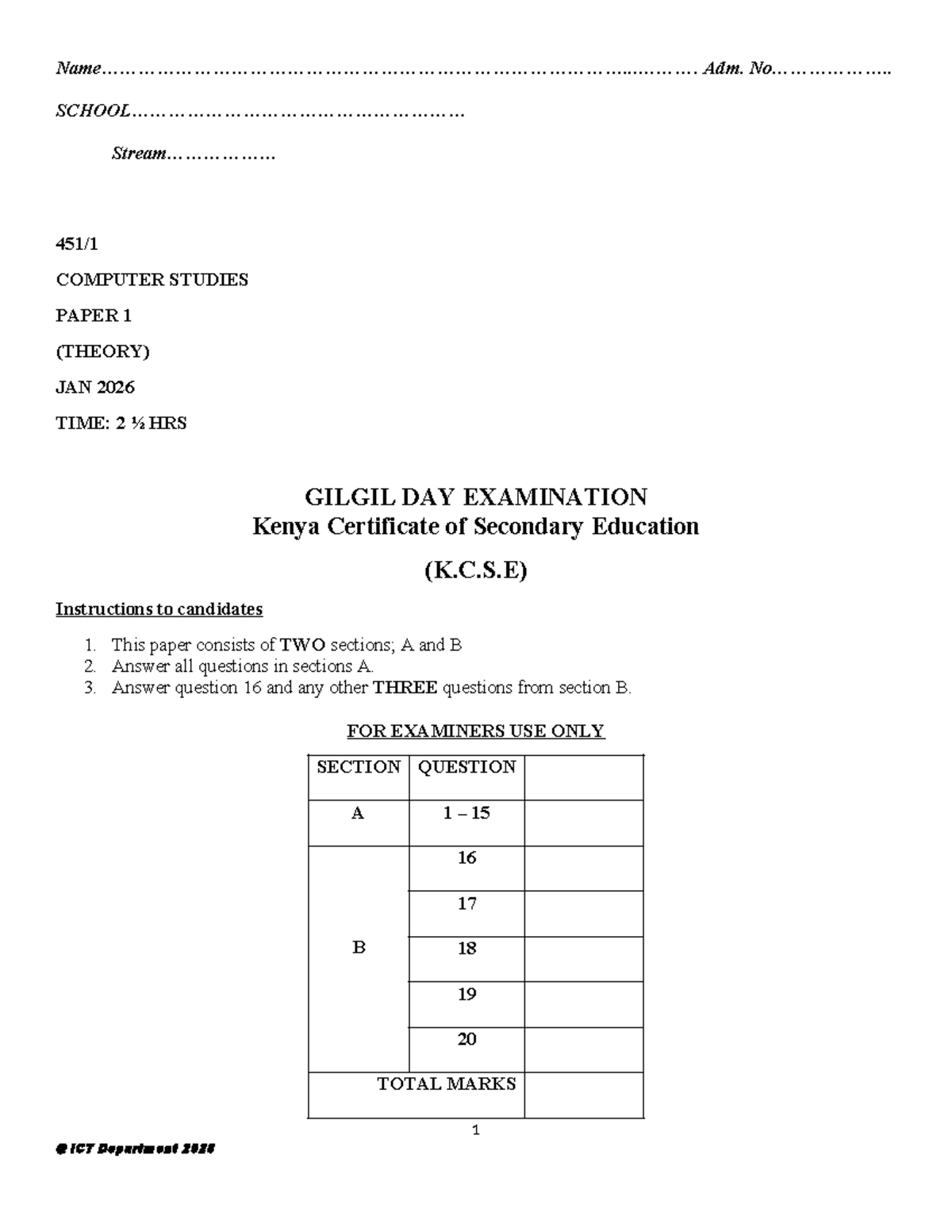 Gilgil DAY COMP STUDIES PAPER 1 (THEORY) JAN 2026 - Studocu