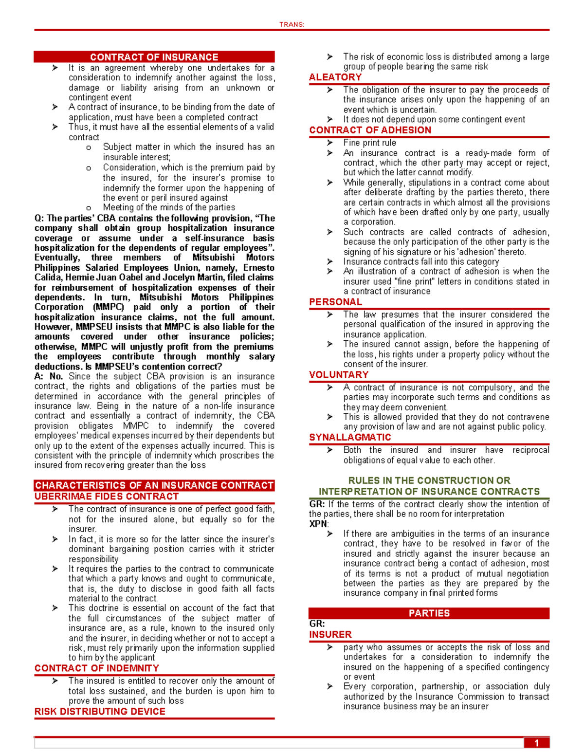 Insurance Code Reviewer - CONTRACT OF INSURANCE It is an agreement ...