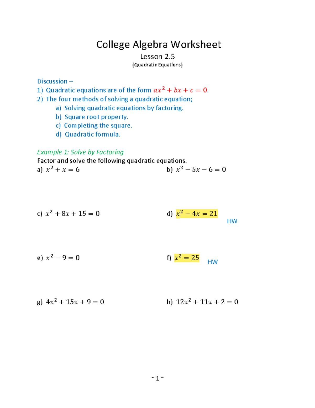 College Algebra HW: Lessons 2.5 & 2.6 on Quadratic & Rational Equations ...