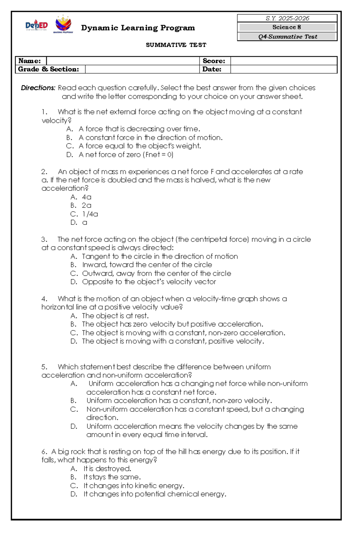S.Y. Science 8 Summative Test - Dynamic Learning Program - Studocu