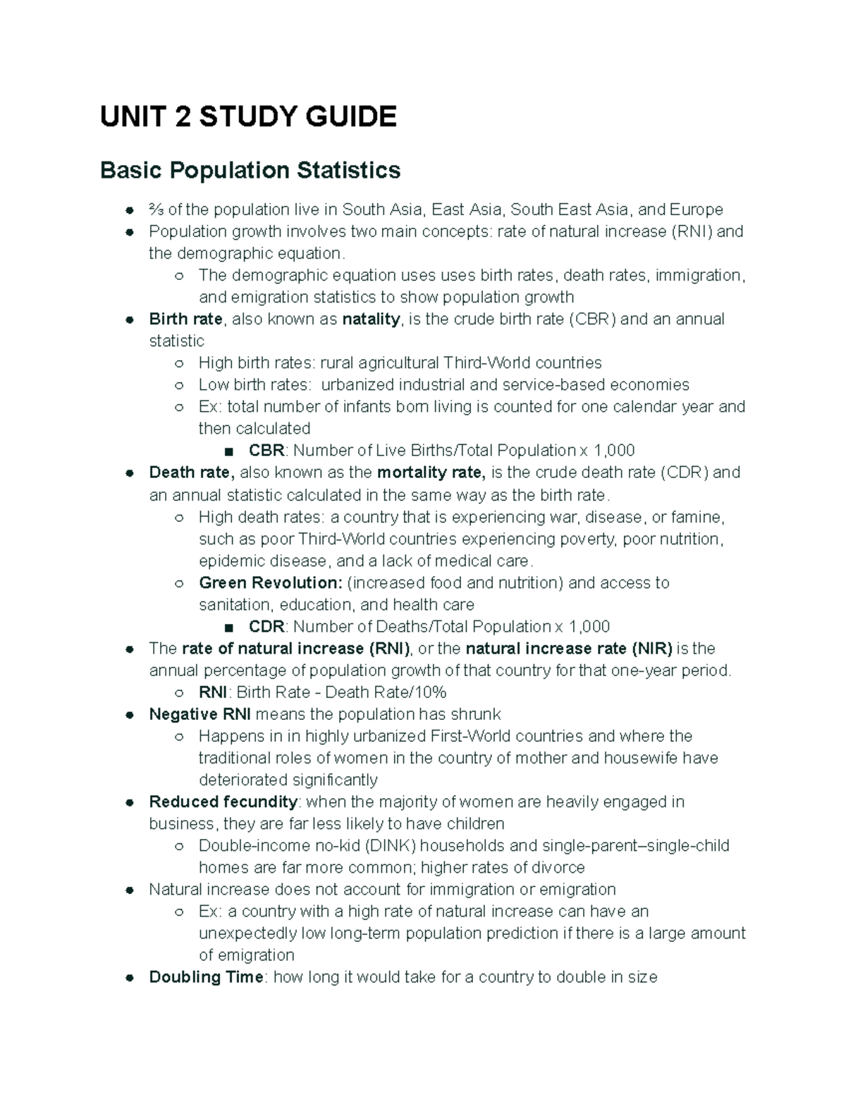 UNIT 2 STUDY GUIDE: Key Concepts in Population Statistics for APHG ...