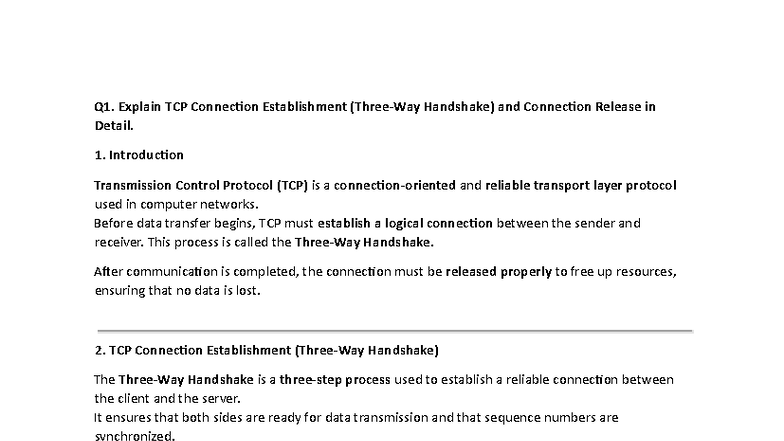 TCP Connection Establishment & Release: Detailed Explanation - Studocu