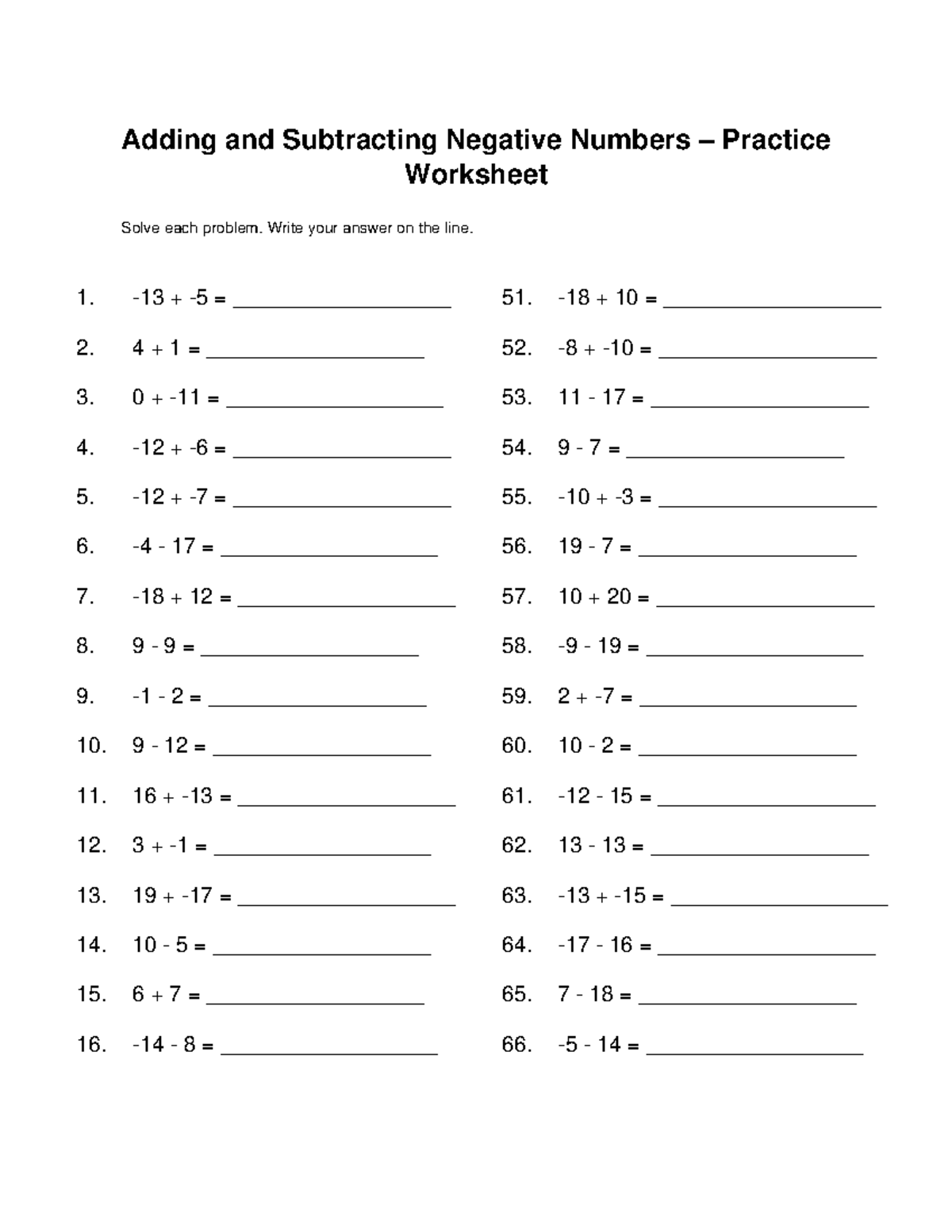 Negative Numbers Practice Worksheet: Adding & Subtracting - Studocu