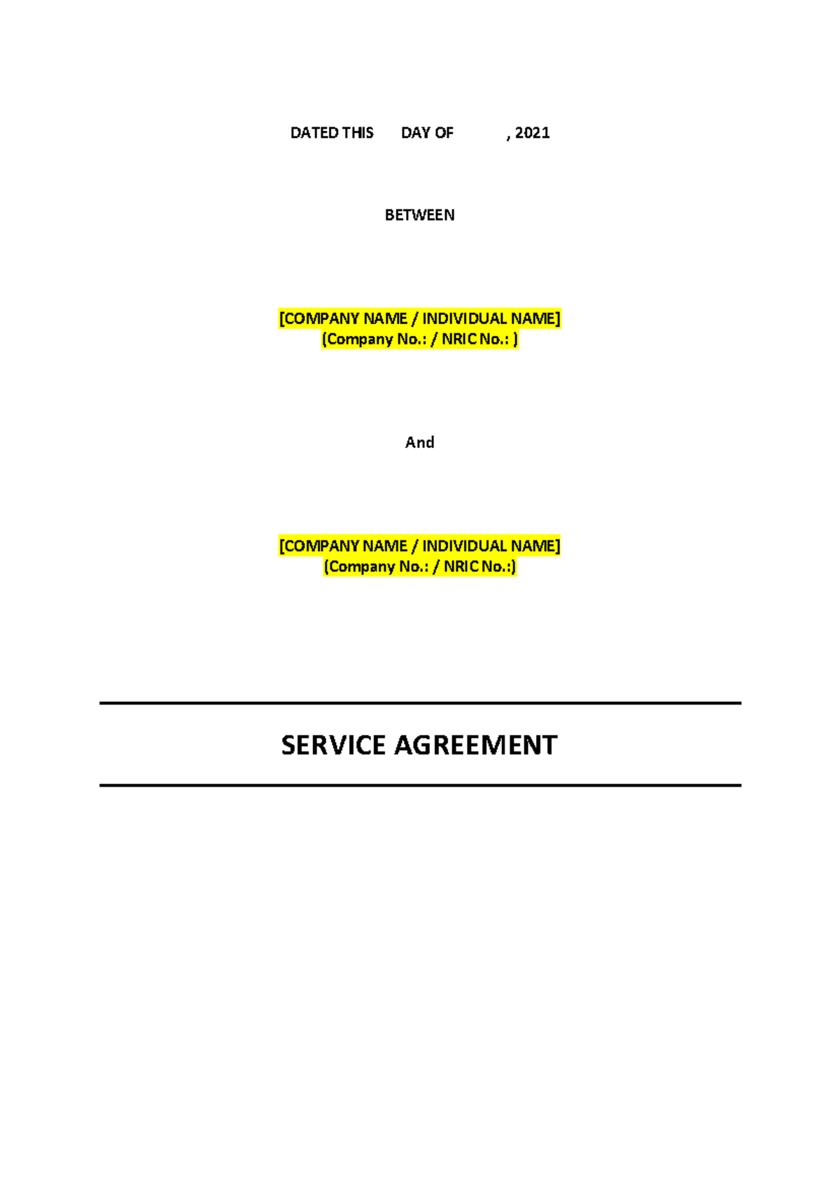 Service Agreement Template for [COMPANY/INDIVIDUAL NAME] - 2021 - Studocu
