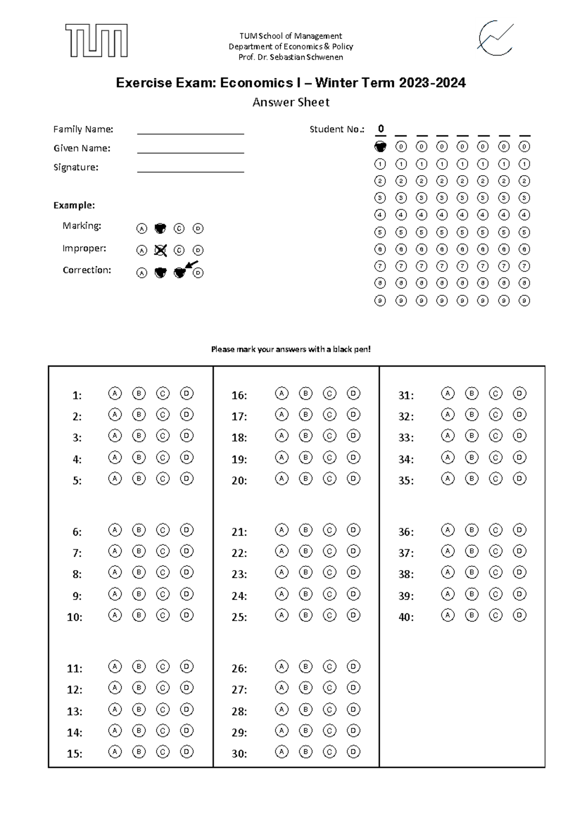 Economics I Exercise Exam 23/24 - Answer Sheet and Guidelines - Document Preview